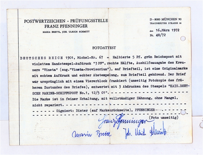 Germany Scott 65B Used 3pf. Vineta with 1975 Brettl Certificate - Rare! (SCV $7500)
