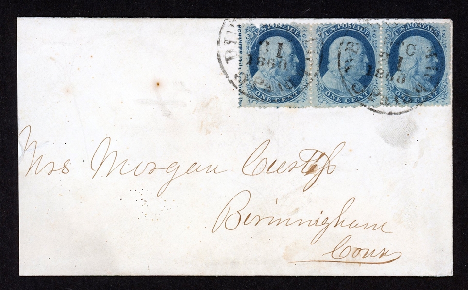USA Scott 24 Strip of 3 Tied by Black Town Cancels on Cover (SCV $500)