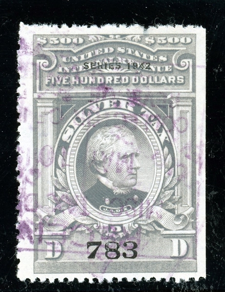 USA Scott RG106 Used, $500 Silver Tax (Series 1942) with 2020 Crowe Cert (SCV $6000)