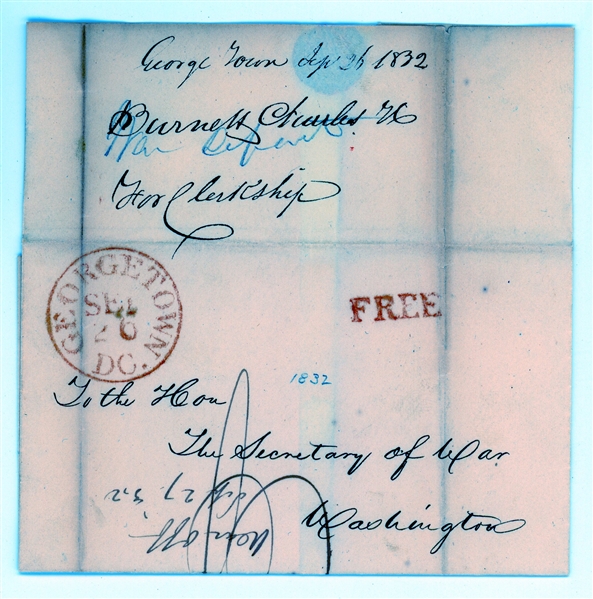 1832 Free Frank Stampless Cover Addressed to Secretary of War (Est $90-120)