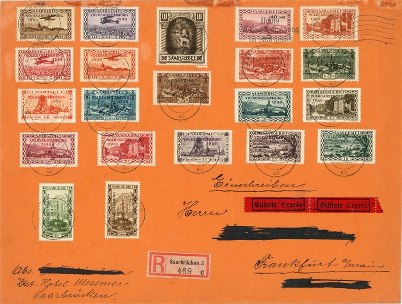 Saar 1935 Registered Express Cover to Frankfurt (Est $100-150)