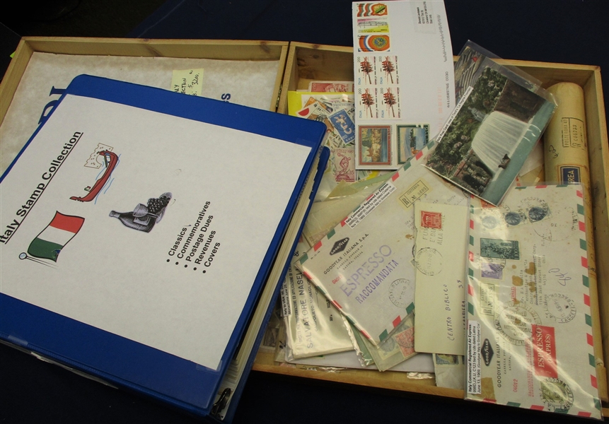 Italy Stamps and Covers in an Italian Wine Wood Box (Est $250-350)