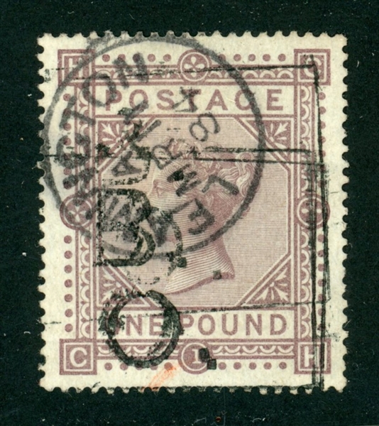 Great Britain Scott 92 Used VF, 1878 1£ Bluish Paper Victoria (SCV $10000)