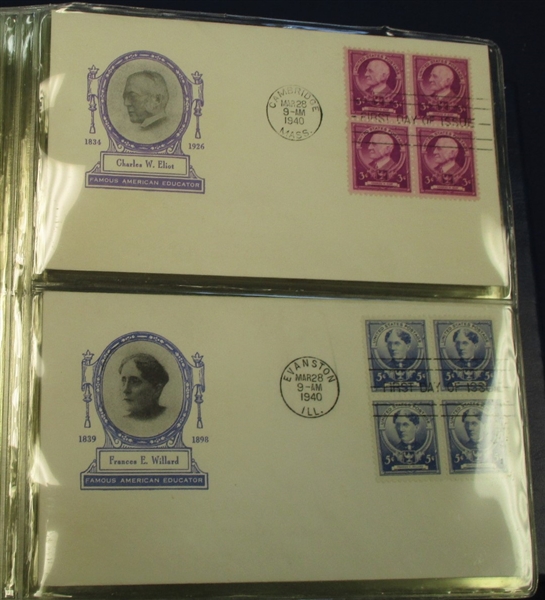 USA 1940 Famous Americans First Day Cover Complete Set with Blocks– Harry Ioor Cachets (Est $150-200)