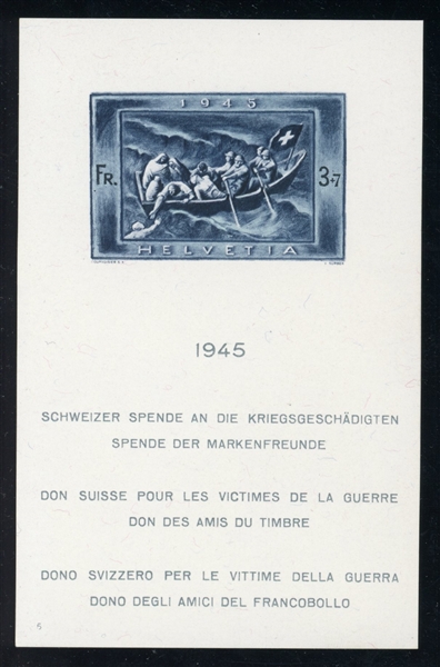 Switzerland Scott B143 MNH VF Souvenir Sheet, 1945 Lifeboat (SCV $225)