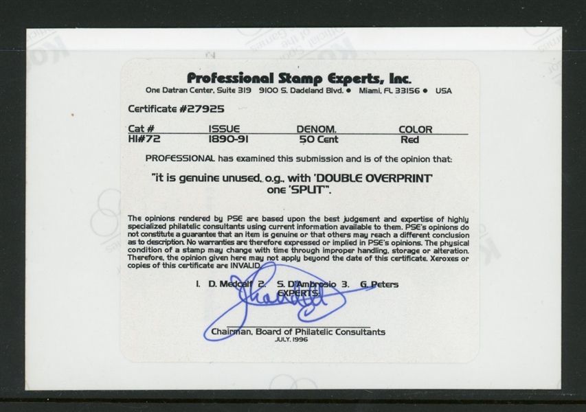 Hawaii Scott 72f Unused Double Overprint with PSE Certificate (SCV $1000)