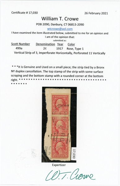 USA Scott 499a Used Vertical Strip of 3, Imperforate Horizontal on Piece w/2021 Crowe Cert and 1995 PSE Cert (Est $2000-3000)