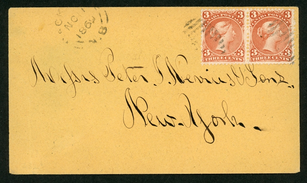 Canada Scott 25 Pair on Cover to New York, 1869 (Est $100-150)