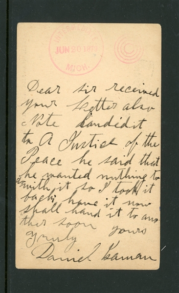 Intermediate, Michigan 1879 Card Sent to New York (Est $50-75)
