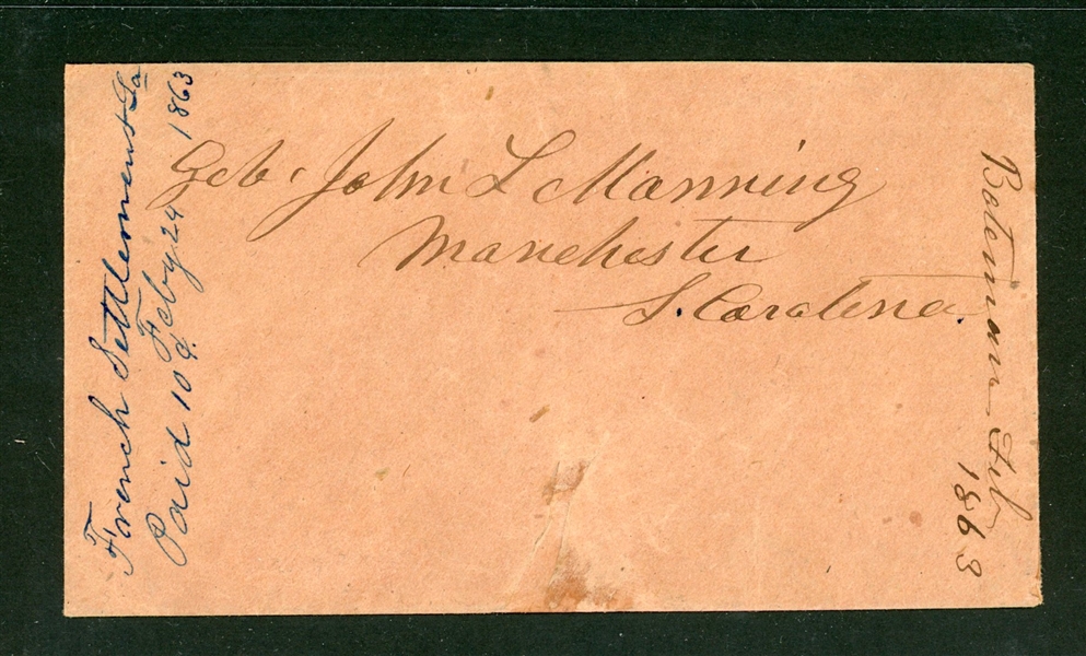 Homemade Adversity Cover French Settlement, LA Paid 10c Feby 24 1863 (Est $200-300)