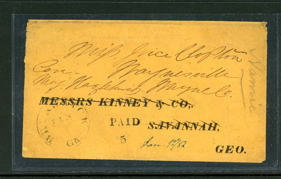 Brunswick, GA CDS Handstamp Paid 5 Adversity Cover, 1862 (Est $150-250)