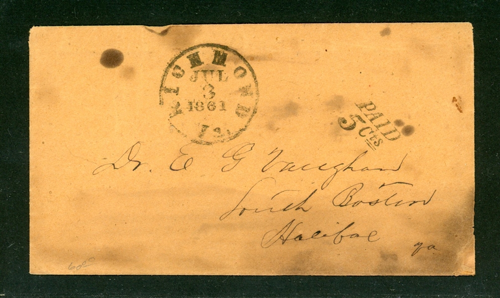 Virginia Cover, Richmond, VA, 1861, Paid 5 Cts. to South Boston VA (Est $100-150)