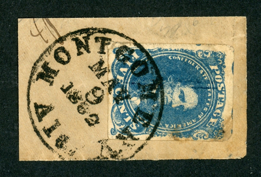 CSA Scott 4 Used on Piece, Stone 2, Montgomery AL, 1862 (SCV $125)