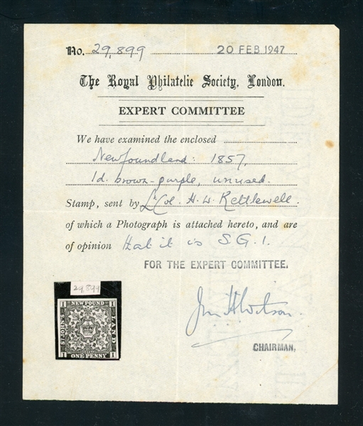 Newfoundland Scott 1 Unused Fine with 1947 RPS Certificate (UTC $80)