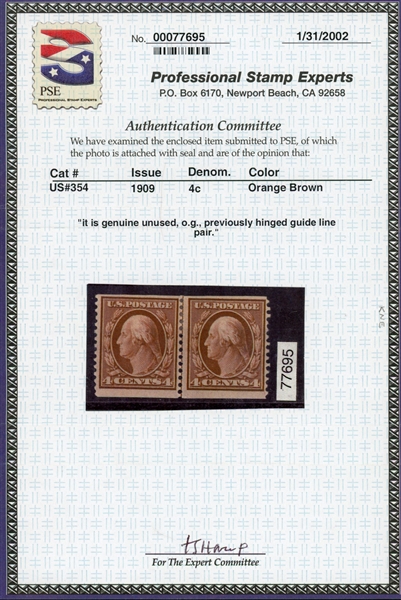 USA Scott 354 Coil Line Pair, MH, Fine w/2002 PSE Certificate (SCV $1400)