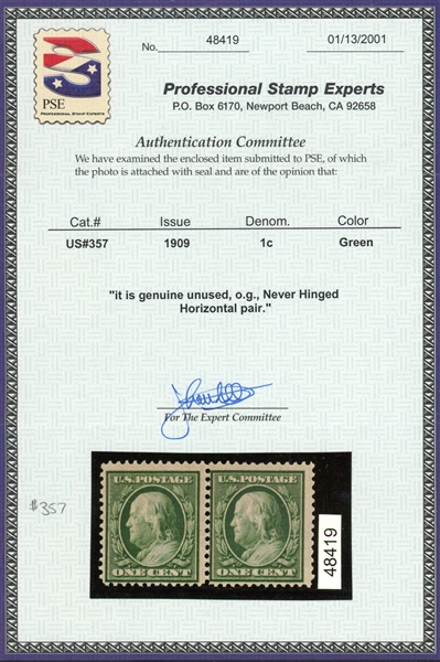 USA Scott 357 MNH Fine Pair, 1c Franklin Blue Paper w/2001 PSE Cert (SCV $380)