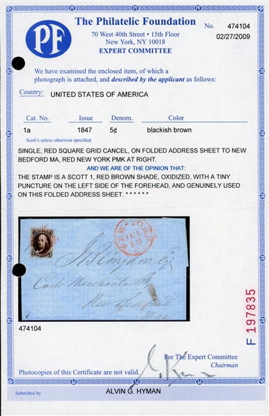 USA Scott 1 on Folded Address Sheet, Red Grid Cancel and New York CDS w/2009 PFC (SCV $425)