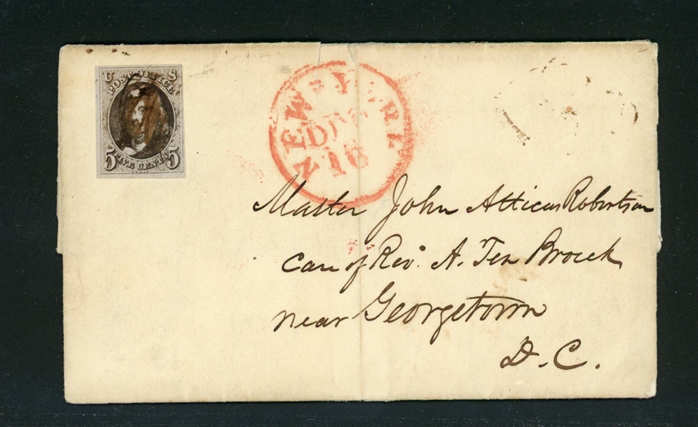 USA Scott 1 on Folded Letter, New York Red Cancel (SCV $425)