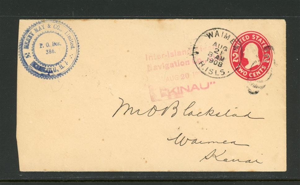 Hawaii, Inter-Island Steam Navigation Co., Ltd., Aug 21, 1908, Kinau (Est $200-300)