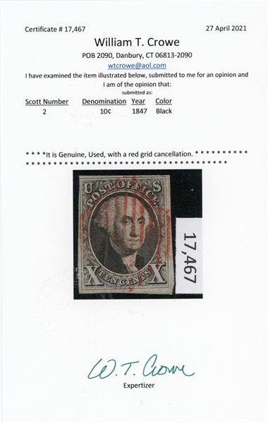 USA Scott 2 Used, Fine, Red Grid Cancel, with 2021 Crowe Certificate (SCV $775)