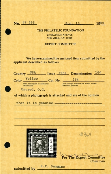 USA Scott 364 MH Fine, 10c Washington Blue Paper, with 1980 PFC (SCV $1600)