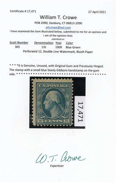 USA Scott 365 MH Fine, 13c Washington Blue Paper, with 2021 Crowe Cert (SCV $2600)