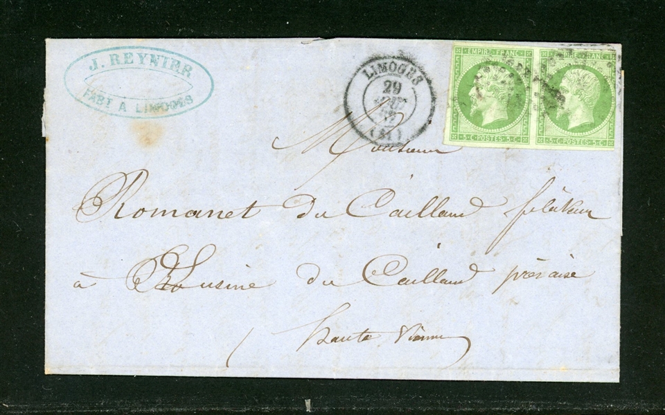 France Scott 13 Pair on Folded Letter, 1852 (SCV $225)