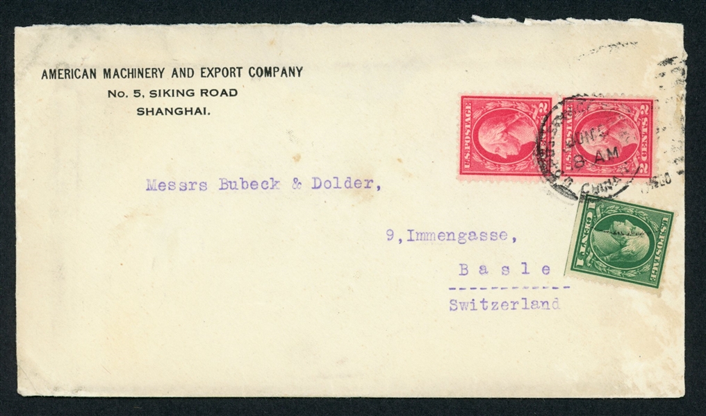 USA Postal Agency in Shanghai Cover to Switzerland, 1920 (Est $90-120)