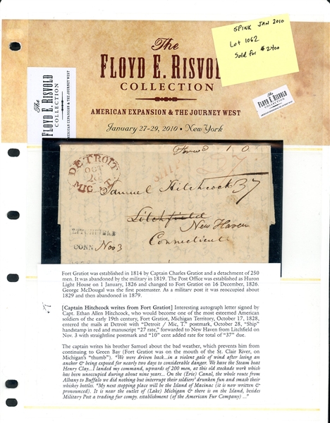 Capt. Ethan Allen Hitchcock Signed Letter, Fort Gratiot, Michigan Territory, 1828 (Est $2000-3000)