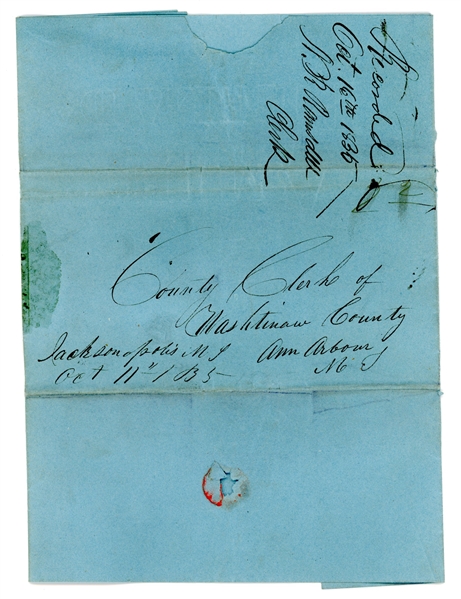Jacksonopolis, Michigan Territory Folded Letter, 1835 (Est $300-400)