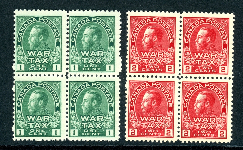 Canada Scott MR1-MR2 MNH Blocks of 4, 1915 War Tax (SCV $540)