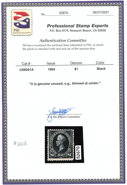 USA Scott 261A MH F-VF, $1 Perry Type II, Fault with 2001 PSE Cert (SCV $2100)