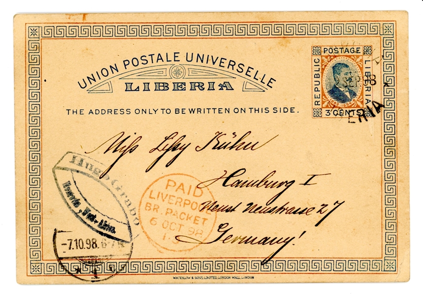 Liberia Postal Card Monrovia 1898 to Germany, H&G #5 (Est $50-100)