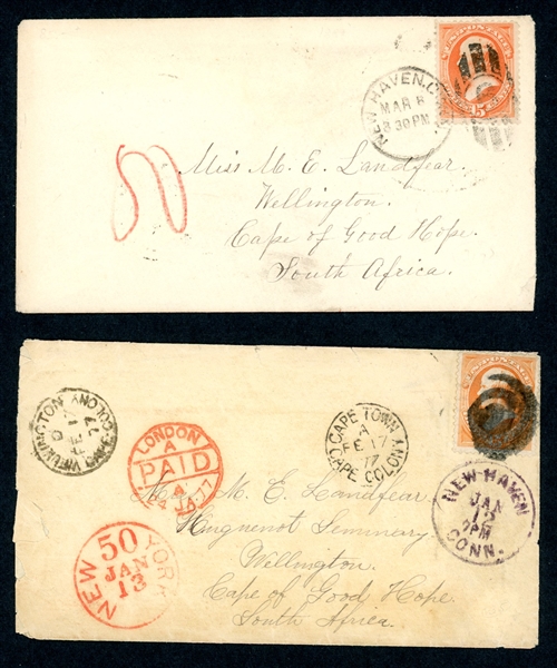USA Scott 163 on Covers (2), Both Sent to Cape of Good Hope, 1877 (Est $175-250)