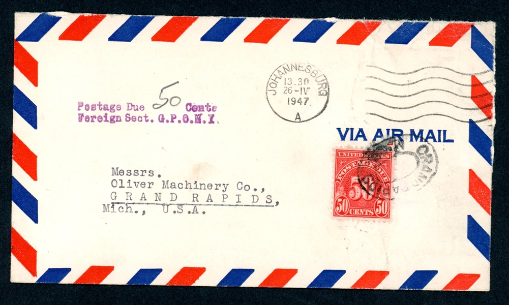 USA Scott J86 in Cover Sent to USA from Johannesburg, 1947 (Est $50-80)
