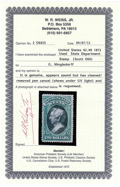 USA Scott O68 Used F-VF, $2 State Official with 2012 Weiss Cert (SCV $350)