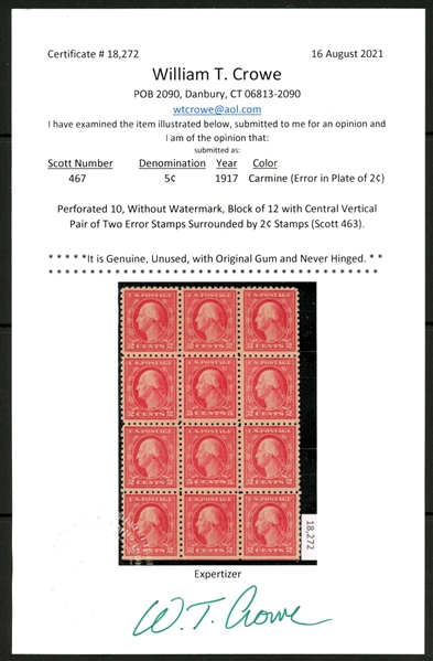 USA Scott 467 MNH, 5c Carmine Double Error in Block of 12, 2021 Crowe Cert (SCV $2900)