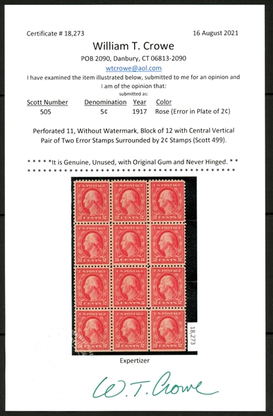 USA Scott 505 MNH, 5c Rose Double Error in Block of 12, 2021 Crowe Cert (SCV $1850)