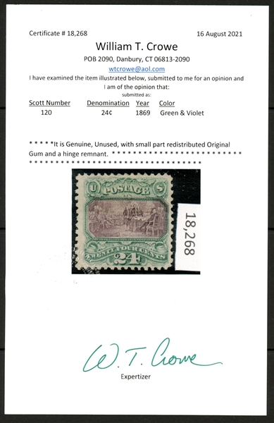 USA Scott 120 MH F-VF, 24c 1869 Pictorial Issue with 2021 Crowe Certificate (SCV $7500)