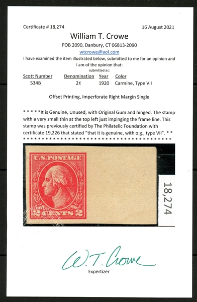 USA Scott 534B MH F-VF, 2c Offset Type VII Imperf with 2021 Crowe Certificate (SCV $2000)