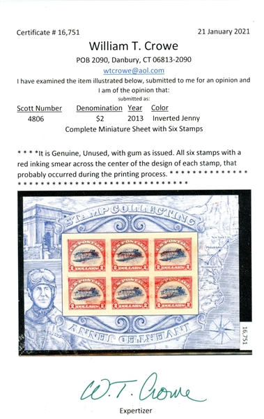 USA Scott 4806 MNH Inverted Jenny Sheet with Ink Smear 2021 Crowe Cert (Est $100-200)