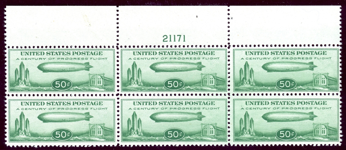 USA Scott C18 MNH F-VF Plate Block of 6, 50c Baby Zeppelin (SCV $600)