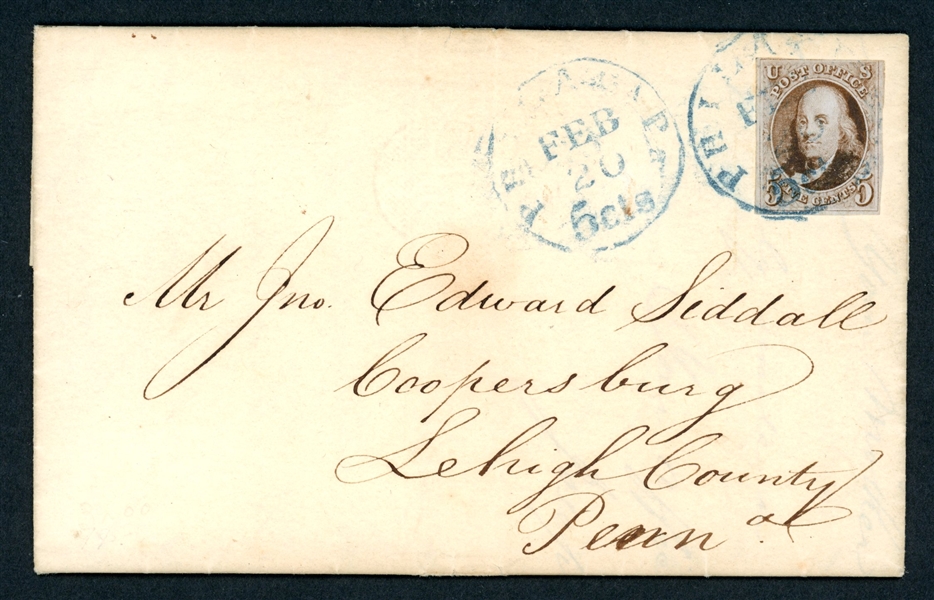 USA Scott 1 on 1848 Folded Letter, Philadelphia Blue Cancels (SCV $425)