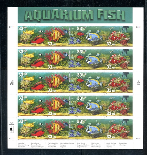 USA Scott 3320c Full Sheet with Overall Tagging - Aquarium Fish (SCV $275)