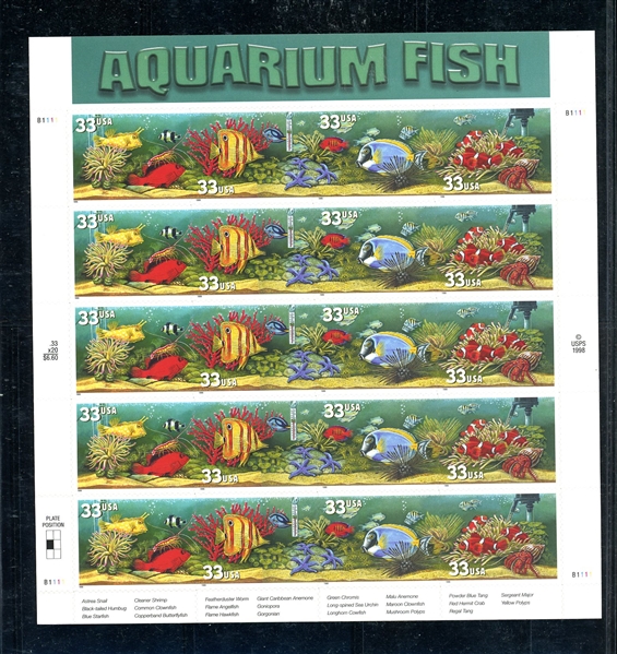 USA Scott 3320c Full Sheet with Overall Tagging - Aquarium Fish (SCV $275)