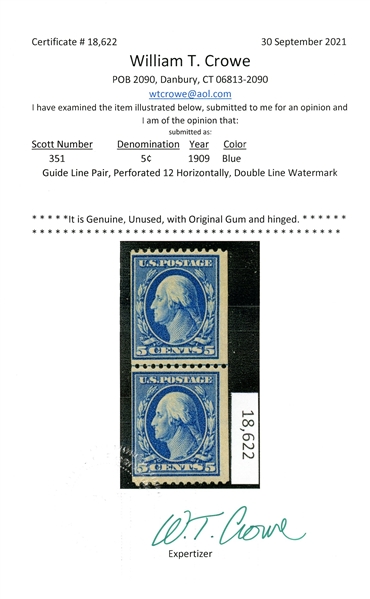 USA Scott 351 MH Guide Line Pair, 1909 5c Blue with 2021 Crowe Cert (SCV $1075)