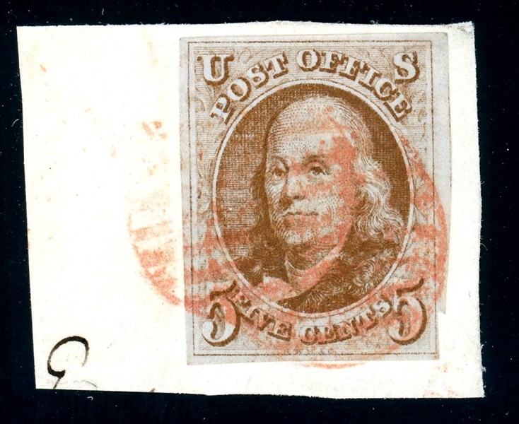 USA Scott 1 on Piece with Red Grid Cancels, Just 4 Margins (SCV $350)