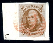 USA Scott 1 on Piece with Red Grid Cancels, Just 4 Margins (SCV $350)