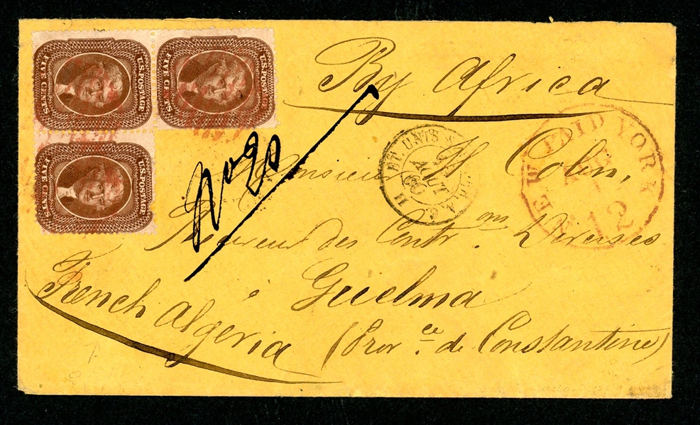 USA Scott 30A L-Shaped Block of 3 on Cover to Algeria, 1860 (Est $500-750)