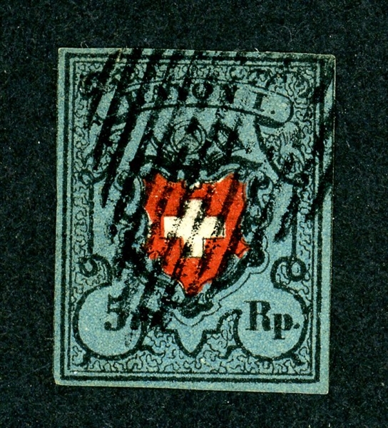 Switzerland Scott 5 Used, 4 Margins, with 1996 PF Certificate (SCV $1375)